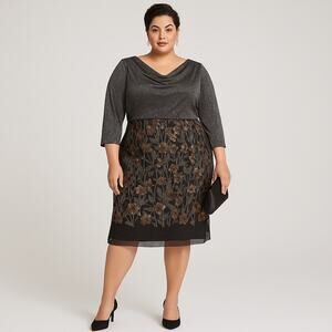 Alex Evenings Black & Bronze Embroidered Sequin‎ Lace Overlay Dress 22W